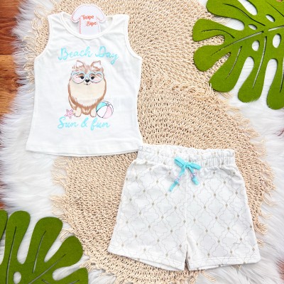 Conj. Regata Beach Dog e Short - Branco e Areia